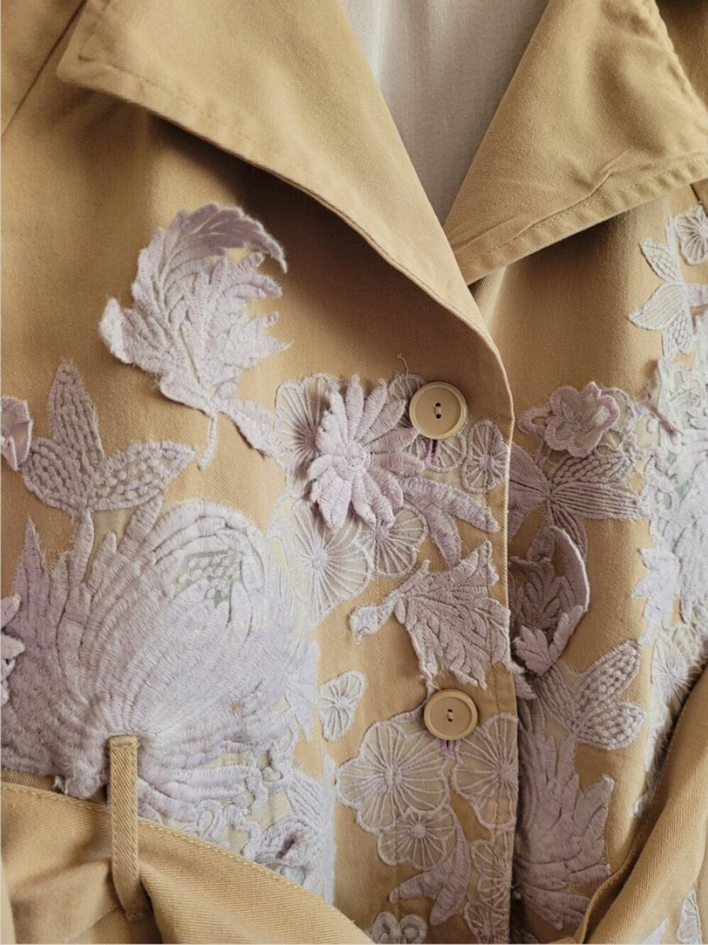 Anthropologie Cotton Embroidered Floral Belted Side Pockets Trench Coat size S - Picture 7 of 10